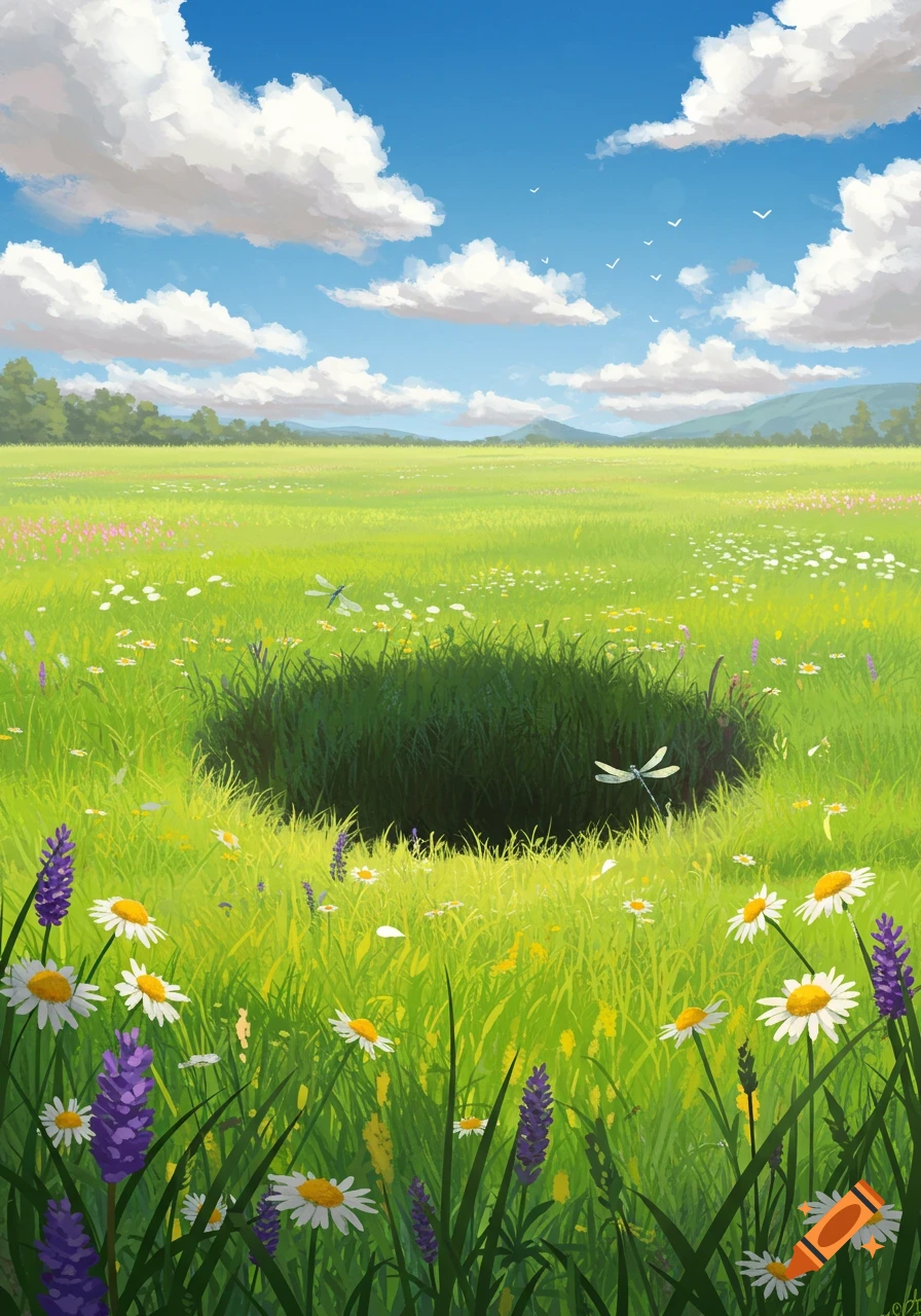 A vibrant illustration of a green meadow with a dark hole in the center, surrounded by colorful wildflowers under a blue sky with white clouds.