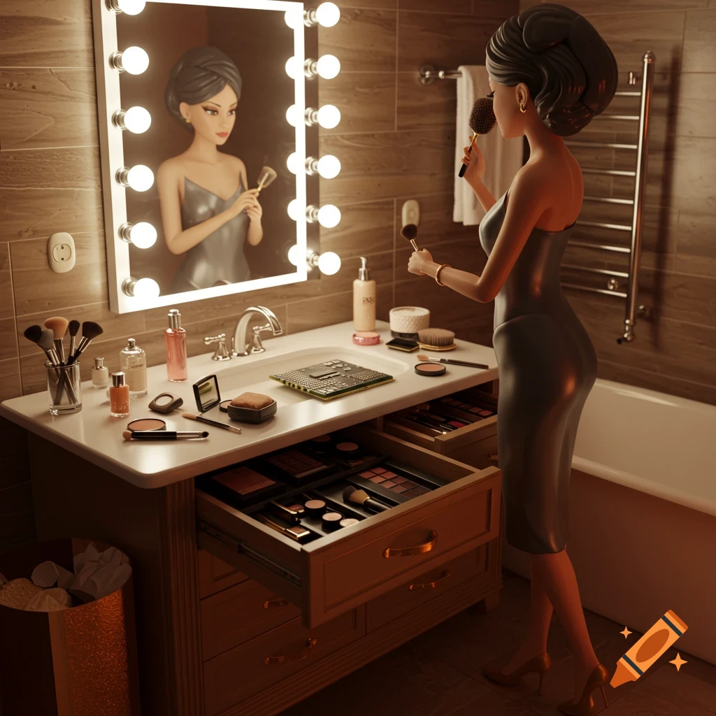 3D animated woman in a shiny dress applies makeup at a brightly lit vanity, where computer components are integrated with beauty products.