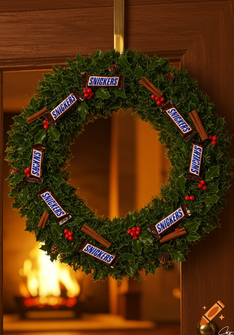 A festive holly wreath decorated with Snickers bars, red berries, and cinnamon sticks, hanging on a door with a fireplace behind.