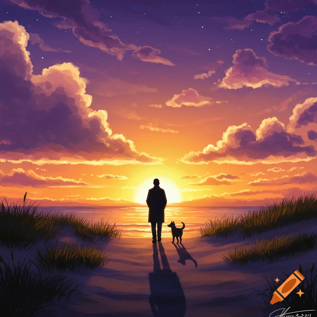 A man and his dog walk on a sandy beach towards a vibrant sunset over the ocean, with clouds and stars in a painted style.
