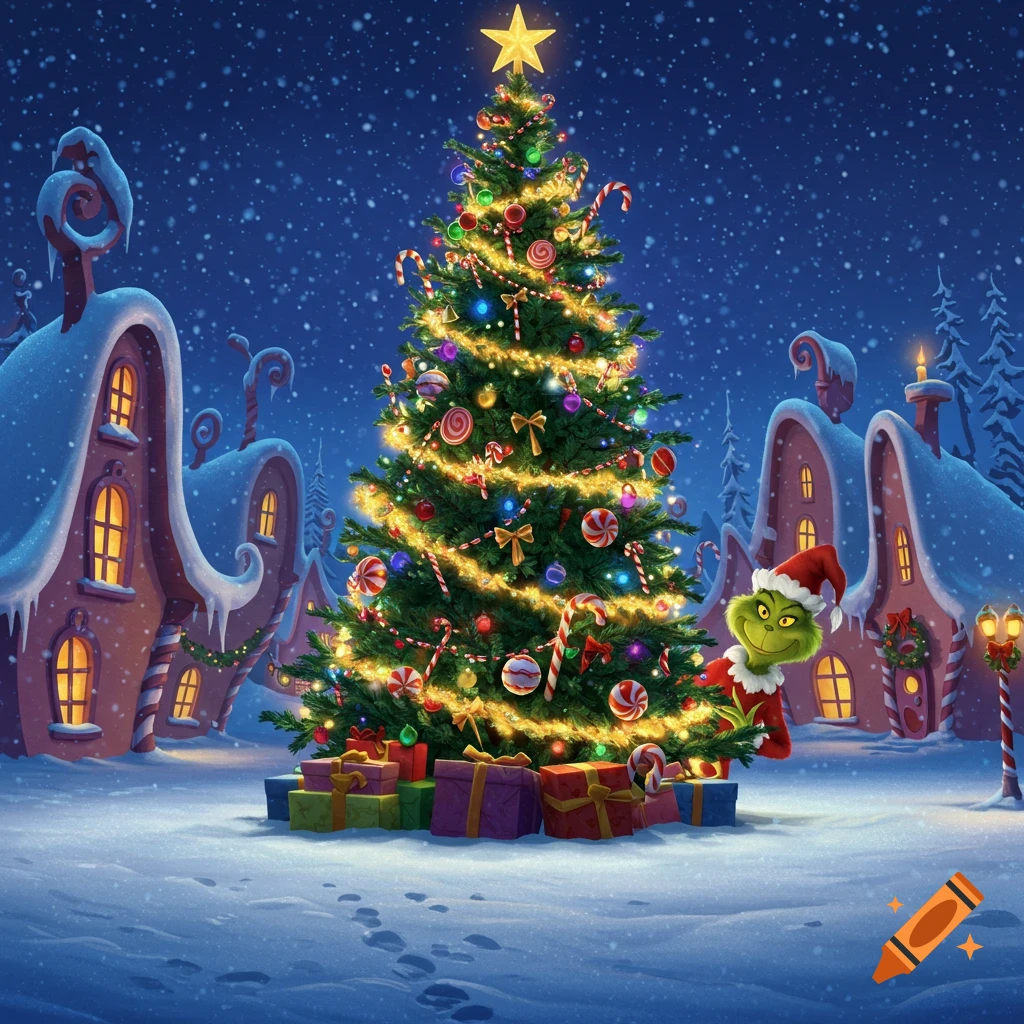 The Grinch peeking from behind a large, decorated Christmas tree in a snowy village at night under falling snow.