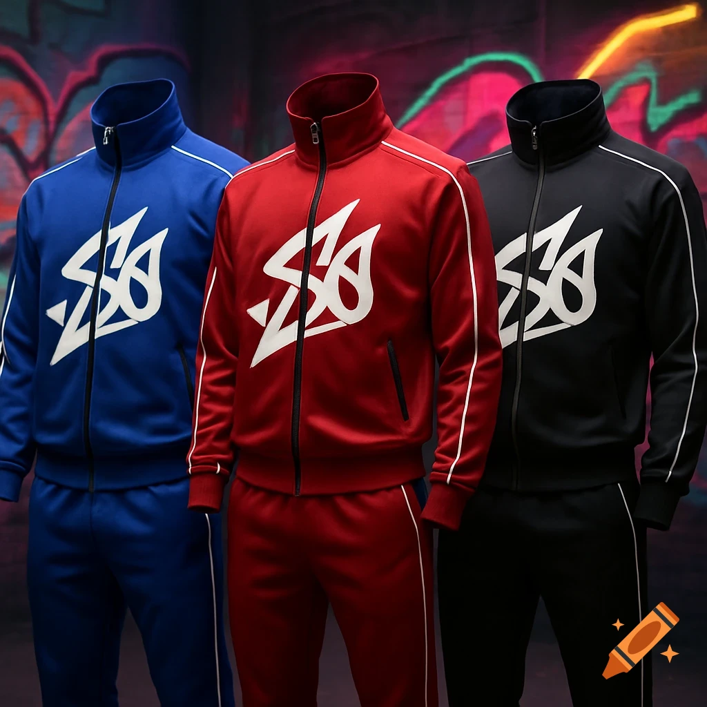 Three tracksuits in blue, red, and black, each featuring a white stylized logo, against a colorful graffiti background.