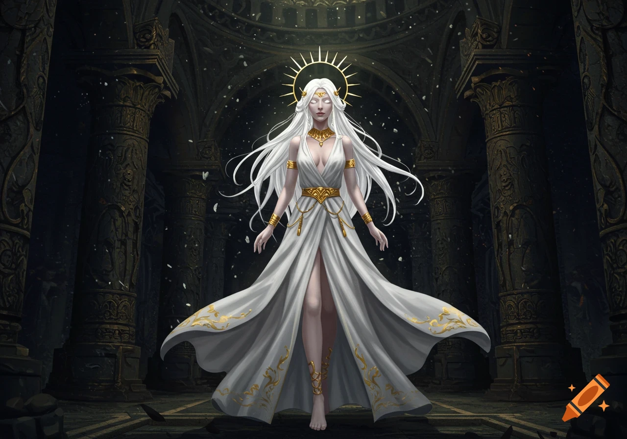 Anime goddess with glowing white hair and eyes, wearing a white dress and gold accessories, stands in a dark, ornate temple with falling white particles.