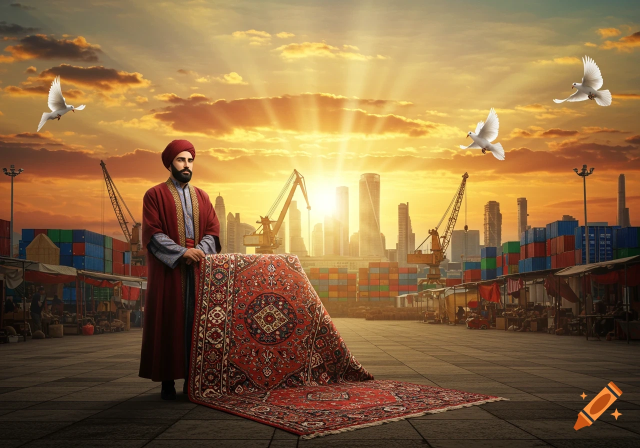 A man in a red tunic and turban displays a large ornate red carpet in a bustling port city at sunset, with cranes, containers, and doves flying.