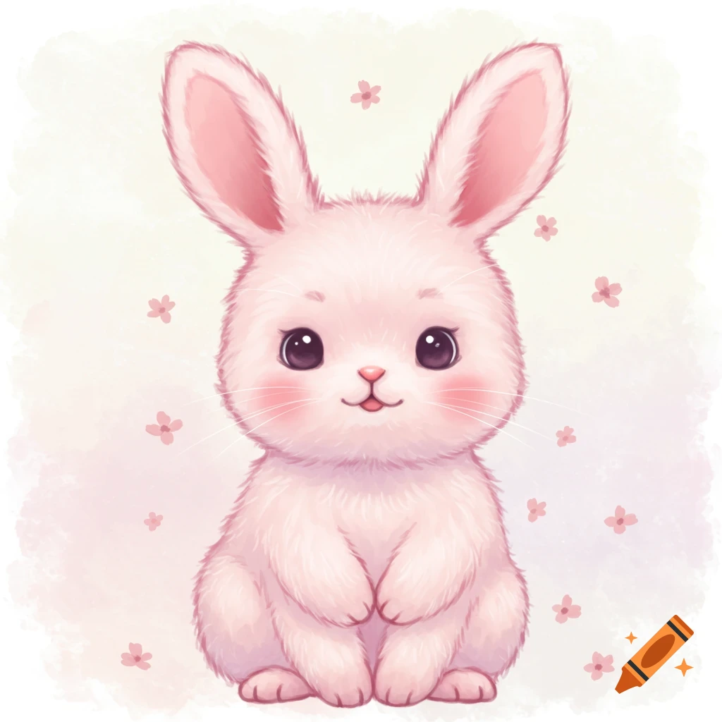 A fluffy pink cartoon rabbit with large dark eyes sits in a watercolor illustration with scattered pink flowers.