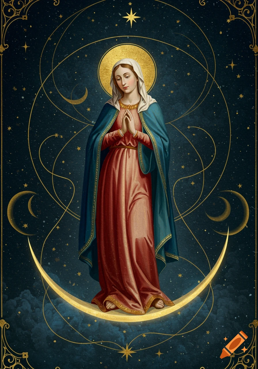 Virgin Mary stands on a golden crescent moon amidst a starry night sky, illuminated in a rich Gothic manuscript style.