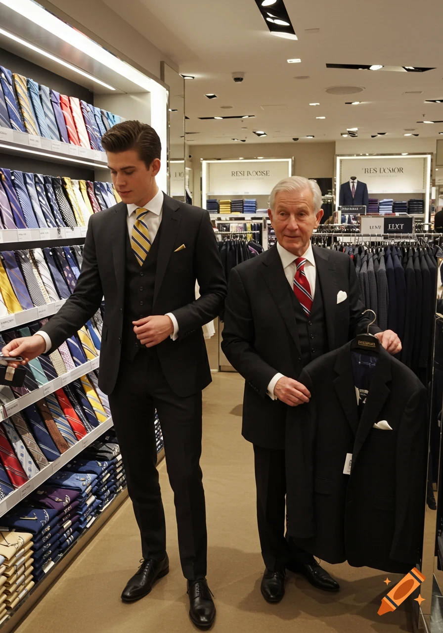 A young man in a black suit examines ties, while an older man in a suit holds a jacket in a department store.
