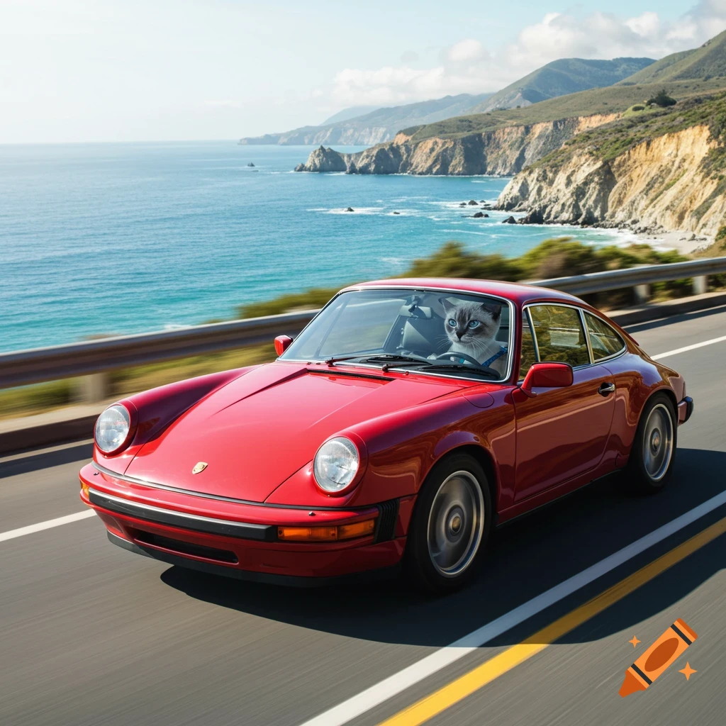 A cat with blue eyes drives a red Porsche 911 on a coastal highway with the ocean and mountains in the background.