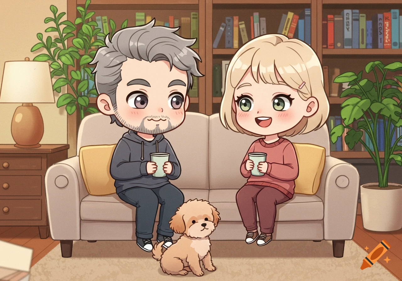 A chibi man and woman sit on a sofa with a small dog in a cozy living room with bookshelves and plants.