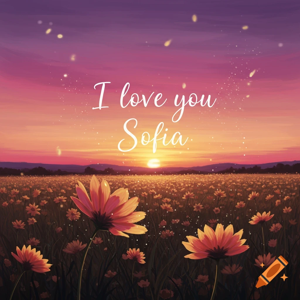 A vibrant watercolor painting of a sunset over a field of orange flowers, with 'I love you Sofia' written in white script across the sky.