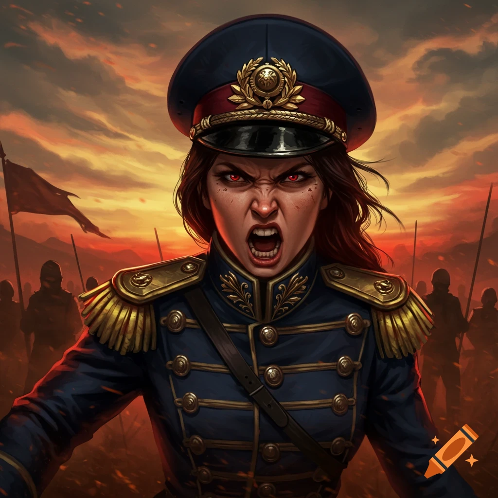 An angry woman general with glowing red eyes screams, wearing a blue and gold uniform on a fiery battlefield at sunset.