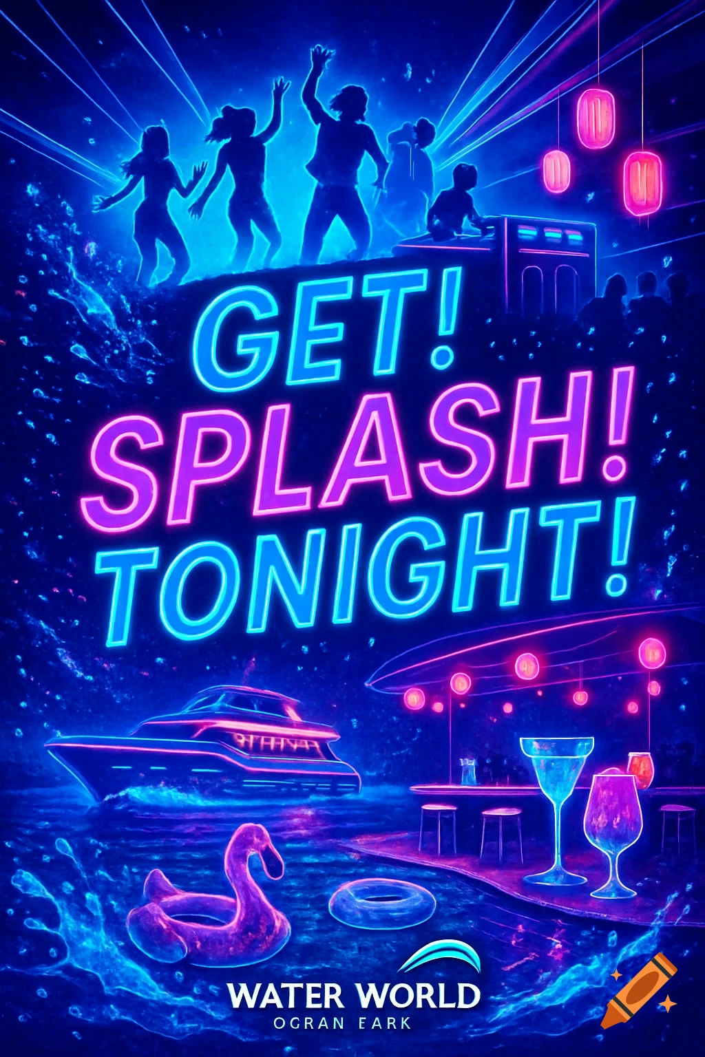 Vibrant neon poster for 'Get! Splash! Tonight!' event with dancing silhouettes, a yacht, and pool floats in blue and pink.