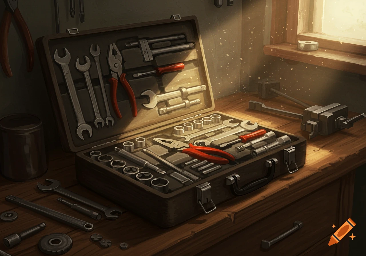 An open brown toolbox filled with various metal hand tools, including wrenches, pliers, and sockets, sits on a wooden workbench near a window.