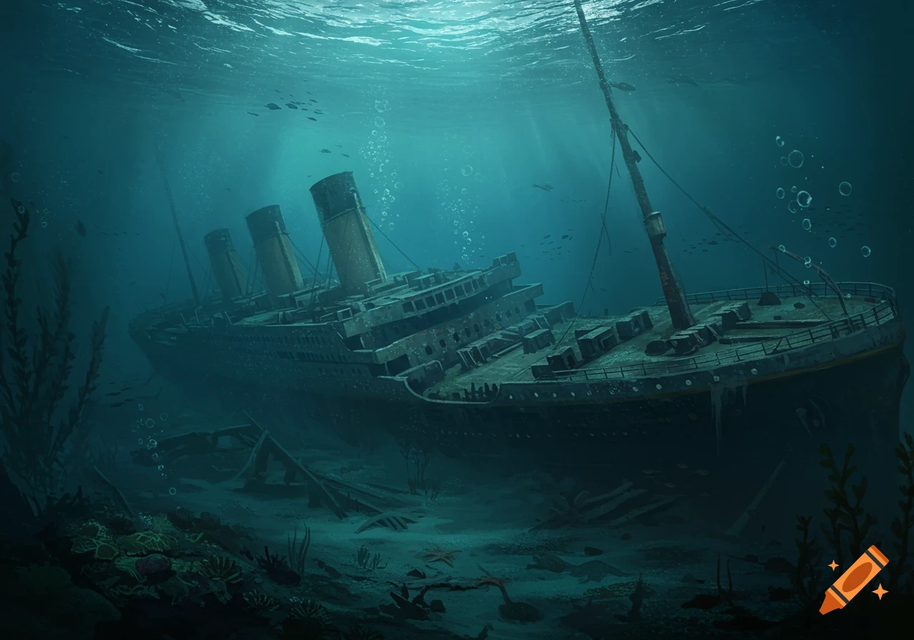 An atmospheric illustration of the sunken Titanic shipwreck resting on the deep ocean floor, surrounded by marine growth.