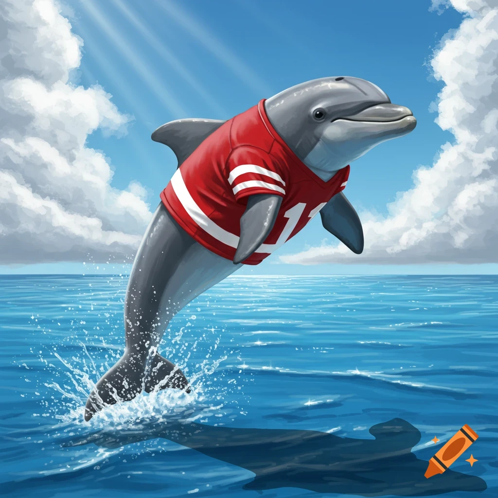 A grey dolphin wearing a red football jersey with the number '11' jumps out of blue ocean water under a sunny, cloudy sky.