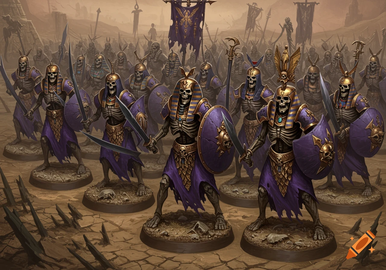 Skeletal warriors in gold and purple armor with swords and shields, posed as tabletop miniatures on a cracked desert field.