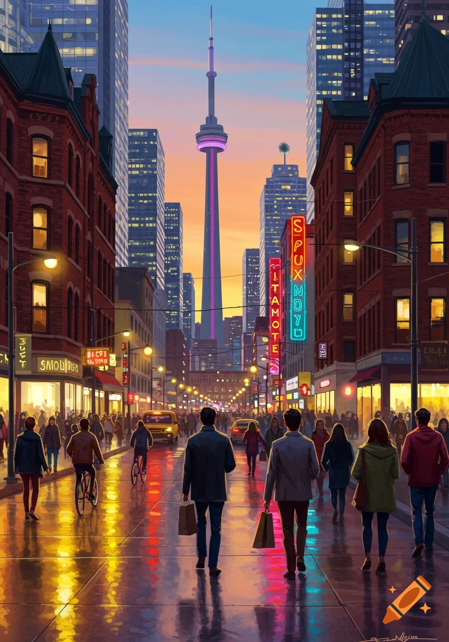 Bustling city street at dusk with people walking, colorful reflections, tall buildings, and the CN Tower in the background, in a painterly style.