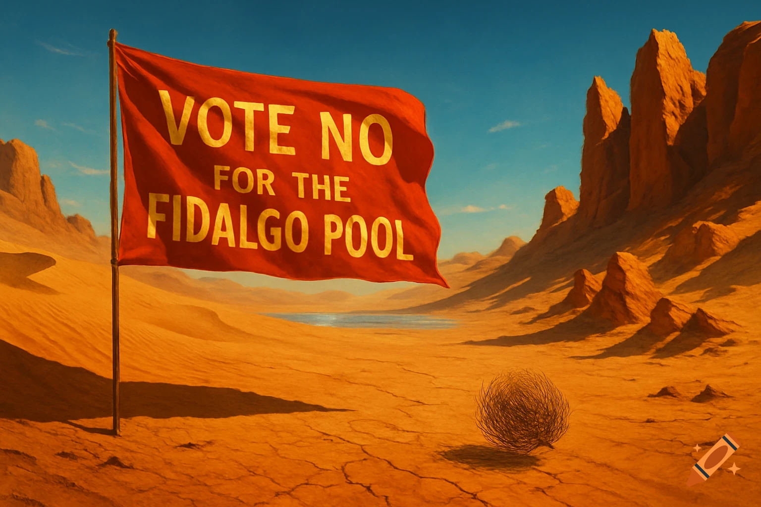 A red flag with "VOTE NO FOR THE FIDALGO POOL" in a vast desert landscape with mountains, a pond, and a tumbleweed.