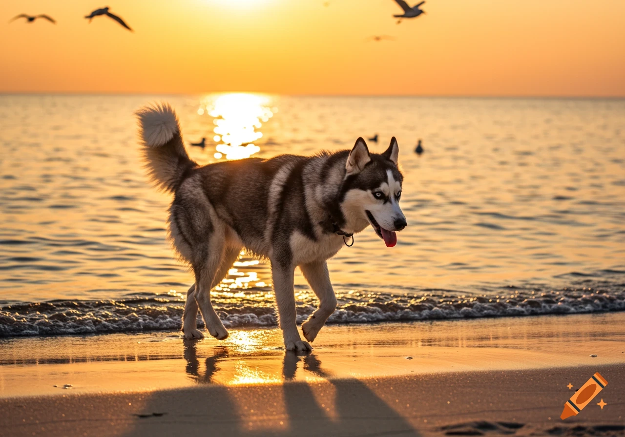 A husky dog with blue eyes walks on a sandy beach at sunset, with birds flying over the ocean glowing orange.
