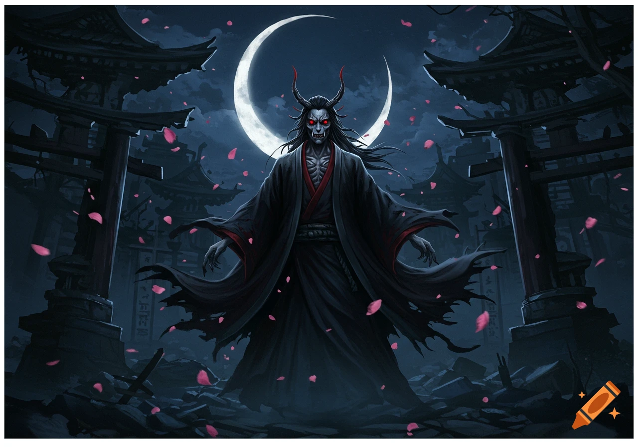 A dark fantasy art piece depicting a horned demon with glowing red eyes in a tattered black robe, standing before a crescent moon and Japanese torii gates with falling pink petals.
