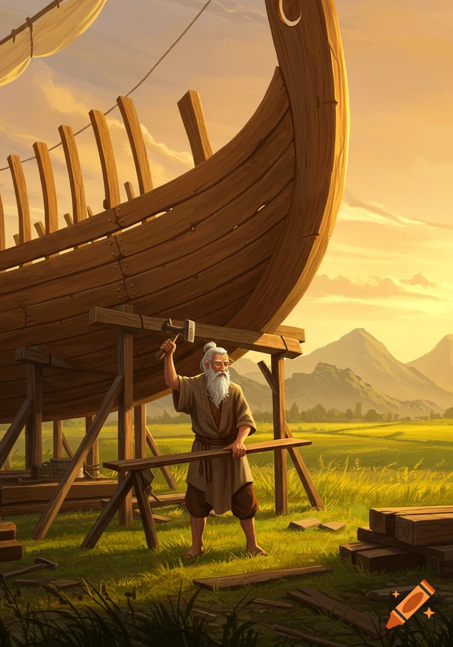 An old man with a white beard hammers wood, building a large wooden boat in a golden field at sunrise, with mountains behind him.