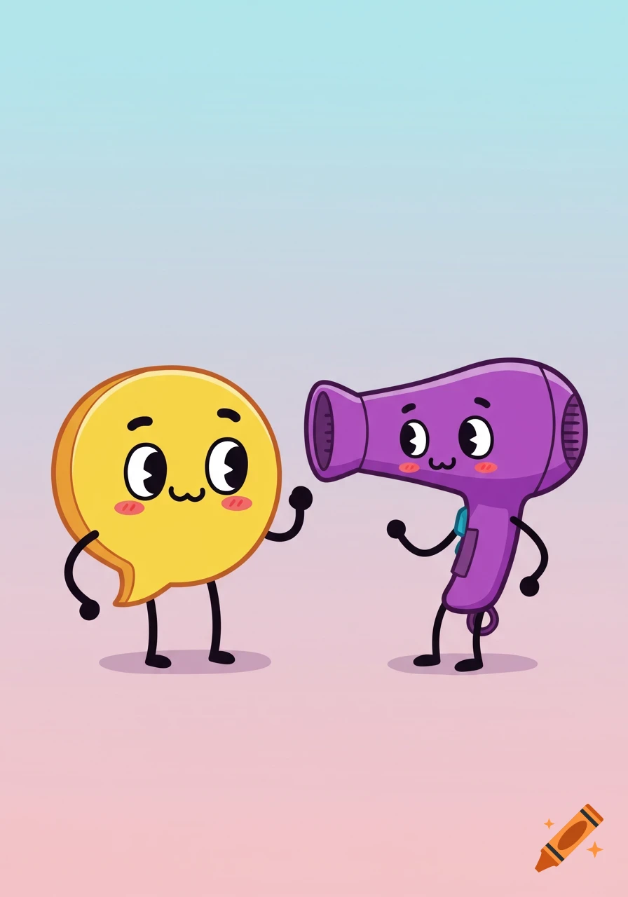 A cute yellow speech bubble character with arms and legs waves at a cute purple hairdryer character on a pastel gradient background.
