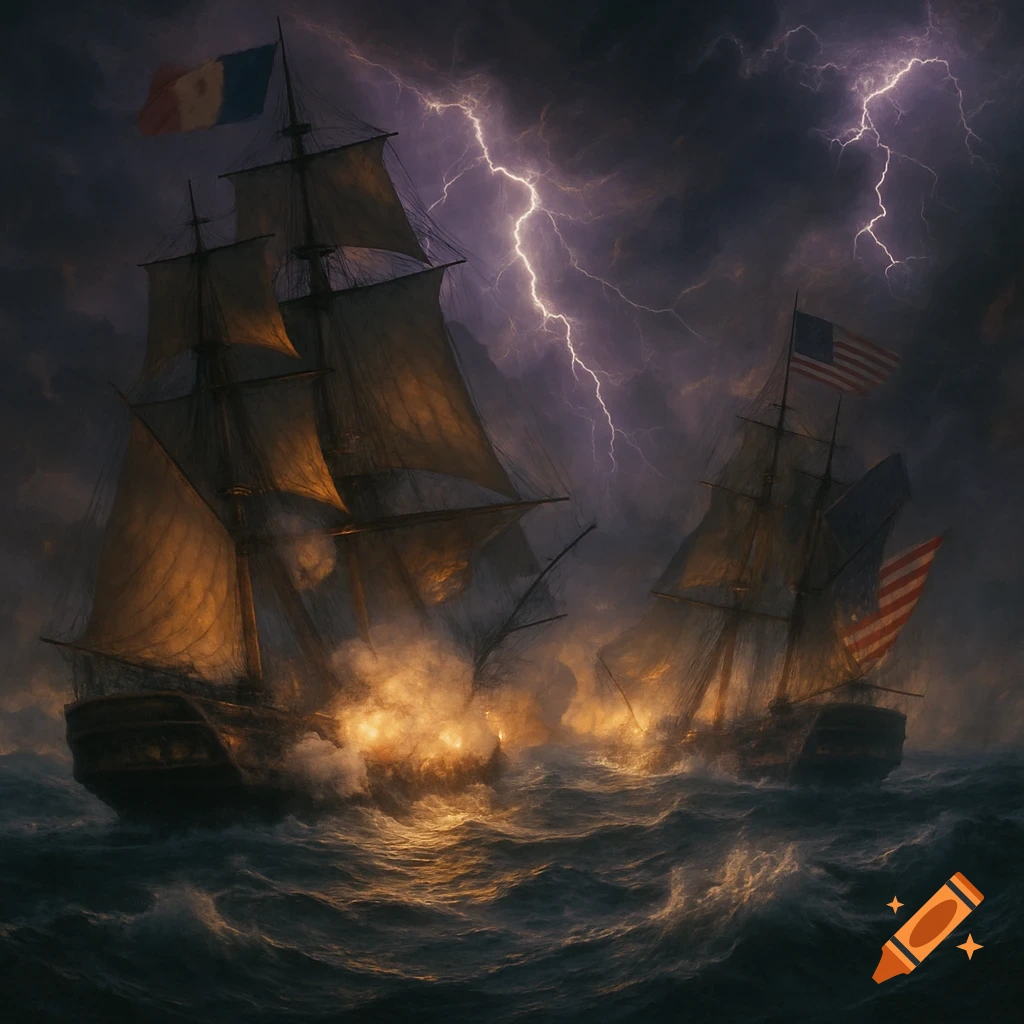 Sailing ships battle on stormy seas under lightning, one flying a French flag, the other an American flag.