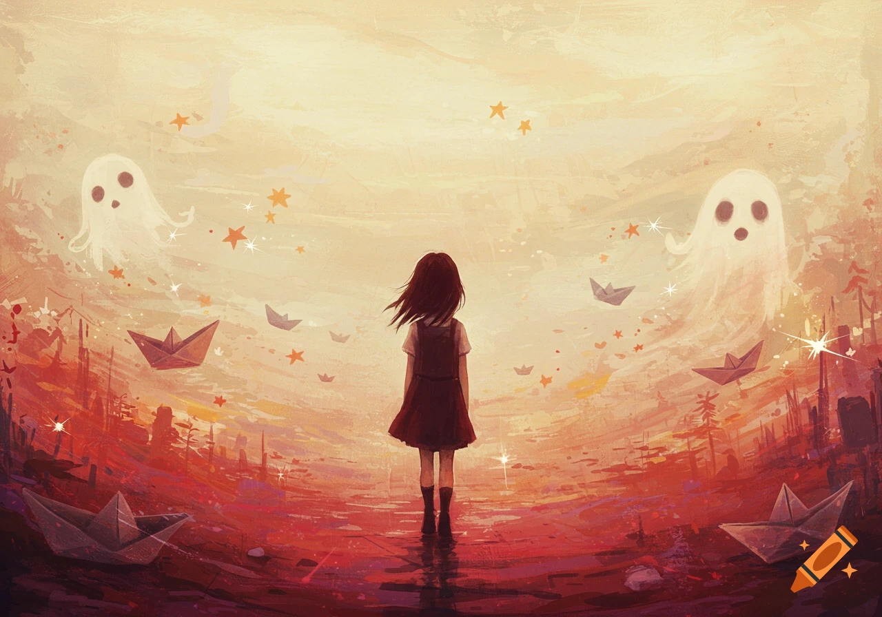 Surreal painting of a girl walking in a dreamlike landscape with ghosts, paper boats, and stars, featuring beige and crimson tones.