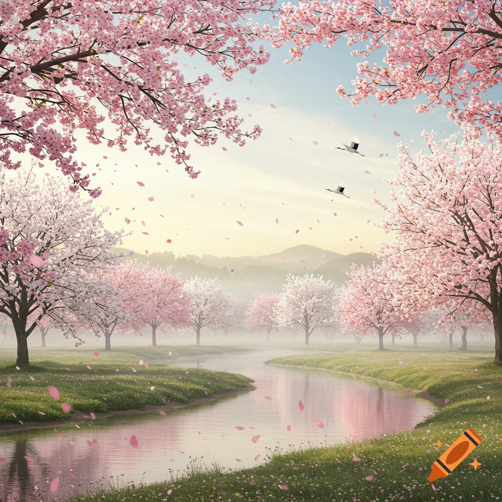 Photorealistic landscape of pink and white cherry blossom trees lining a winding river, with petals falling and cranes flying under a soft sky.