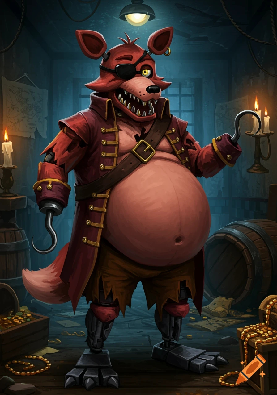 Foxy the Pirate Fox with a chubby belly, eyepatch, and hook hands, wearing a red coat in a dark pirate treasure room.