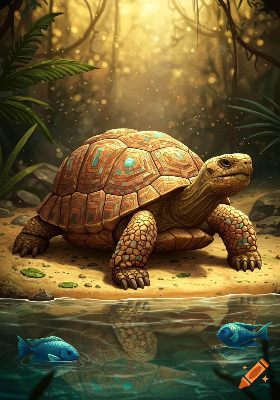 A mosaic-shelled tortoise stands on a sandy bank by a jungle river with two blue fish, sunlit foliage in the background.