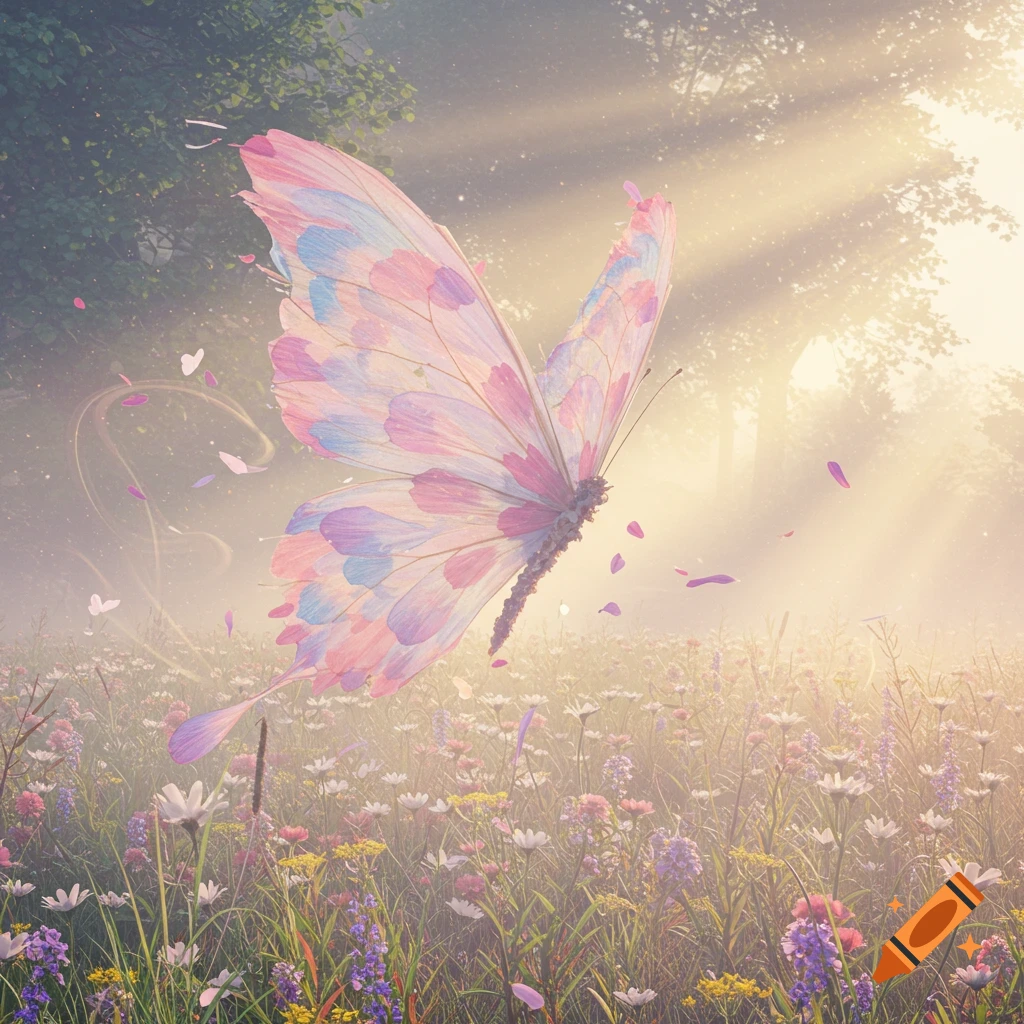 A majestic butterfly with pastel petal wings hovers above a field of wildflowers as sunbeams illuminate a misty forest.