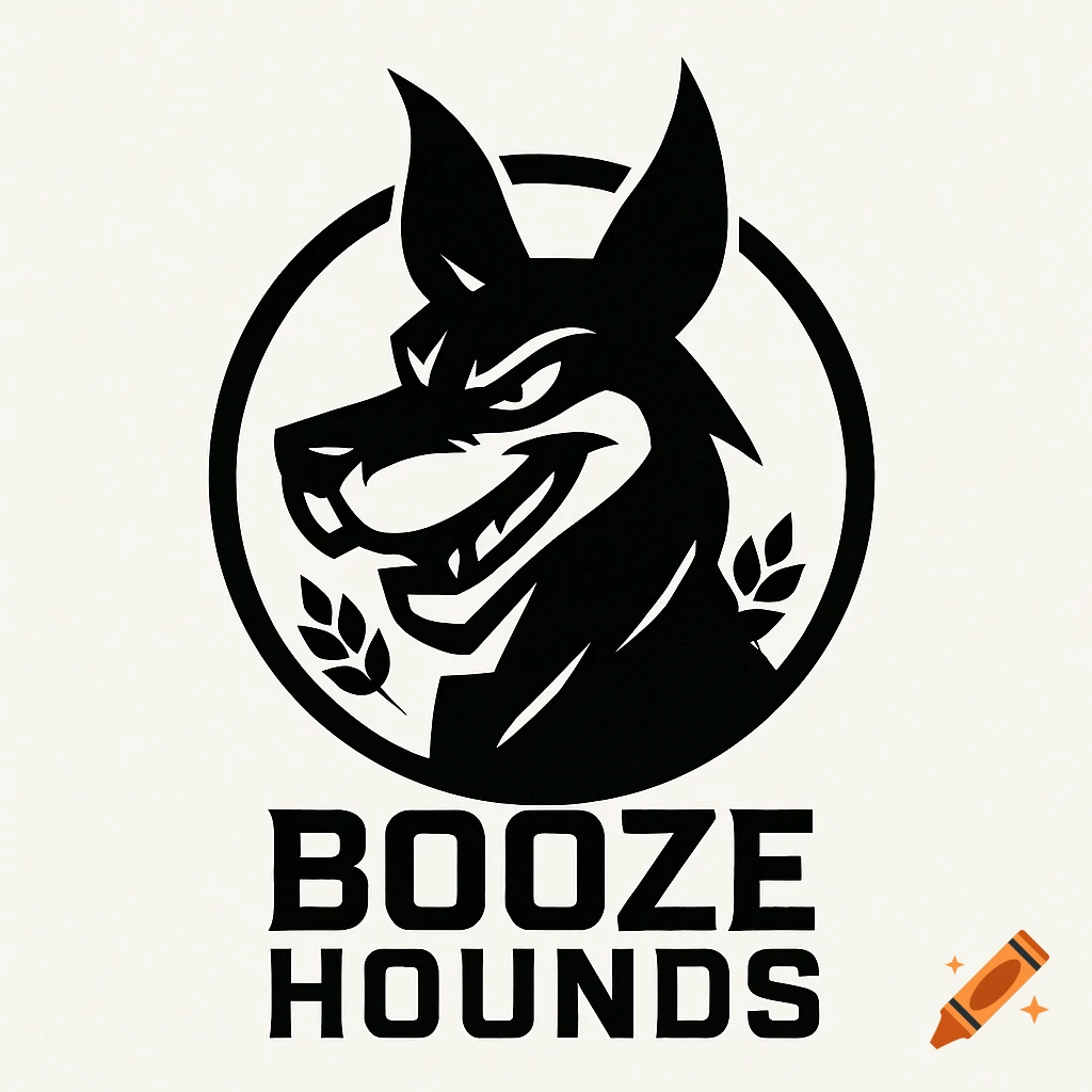 Black and white vector logo featuring a stylized snarling dog head in a circle, with the text 'BOOZE HOUNDS' below.