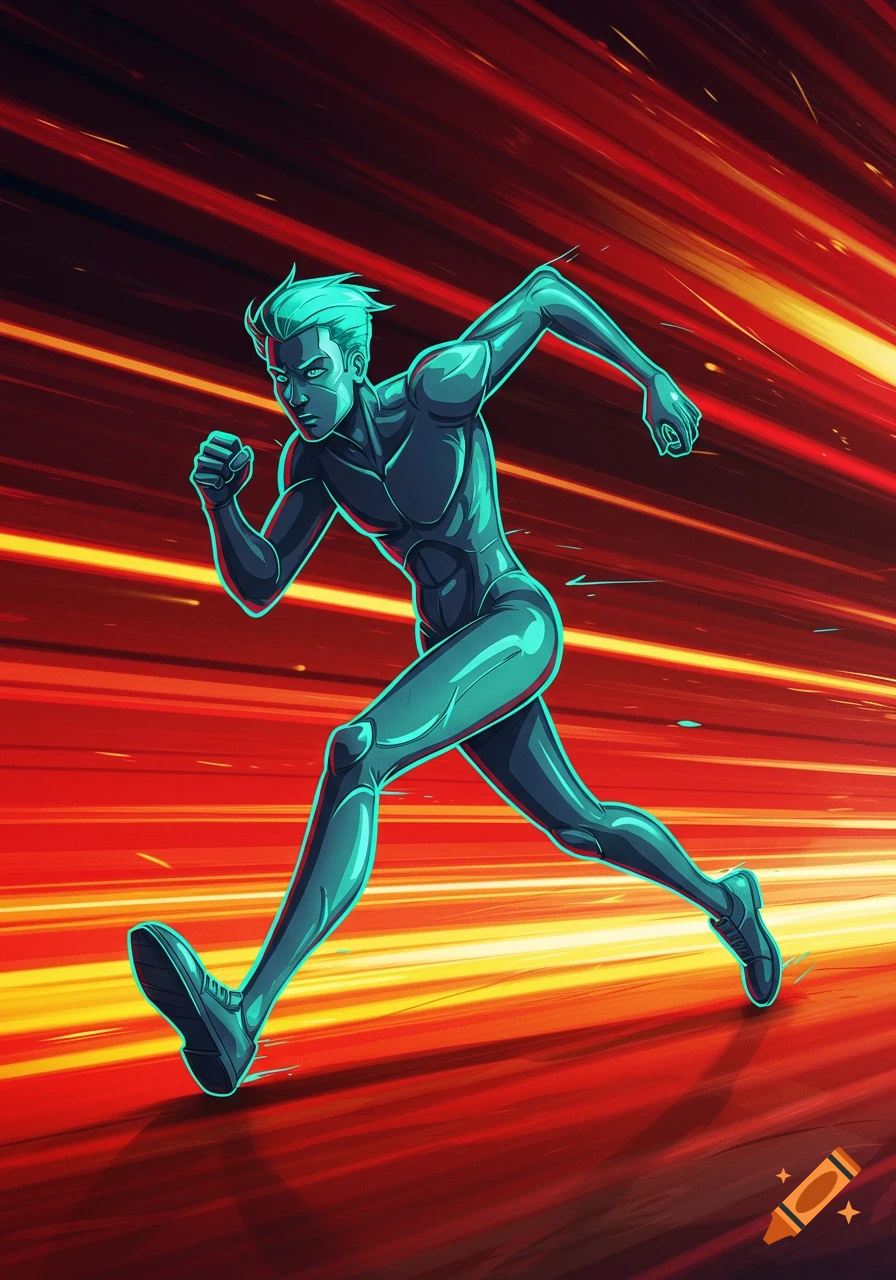 A dynamic comic art illustration of a male superhero in a dark teal suit, running at super speed against a fiery red and orange background with motion blur.