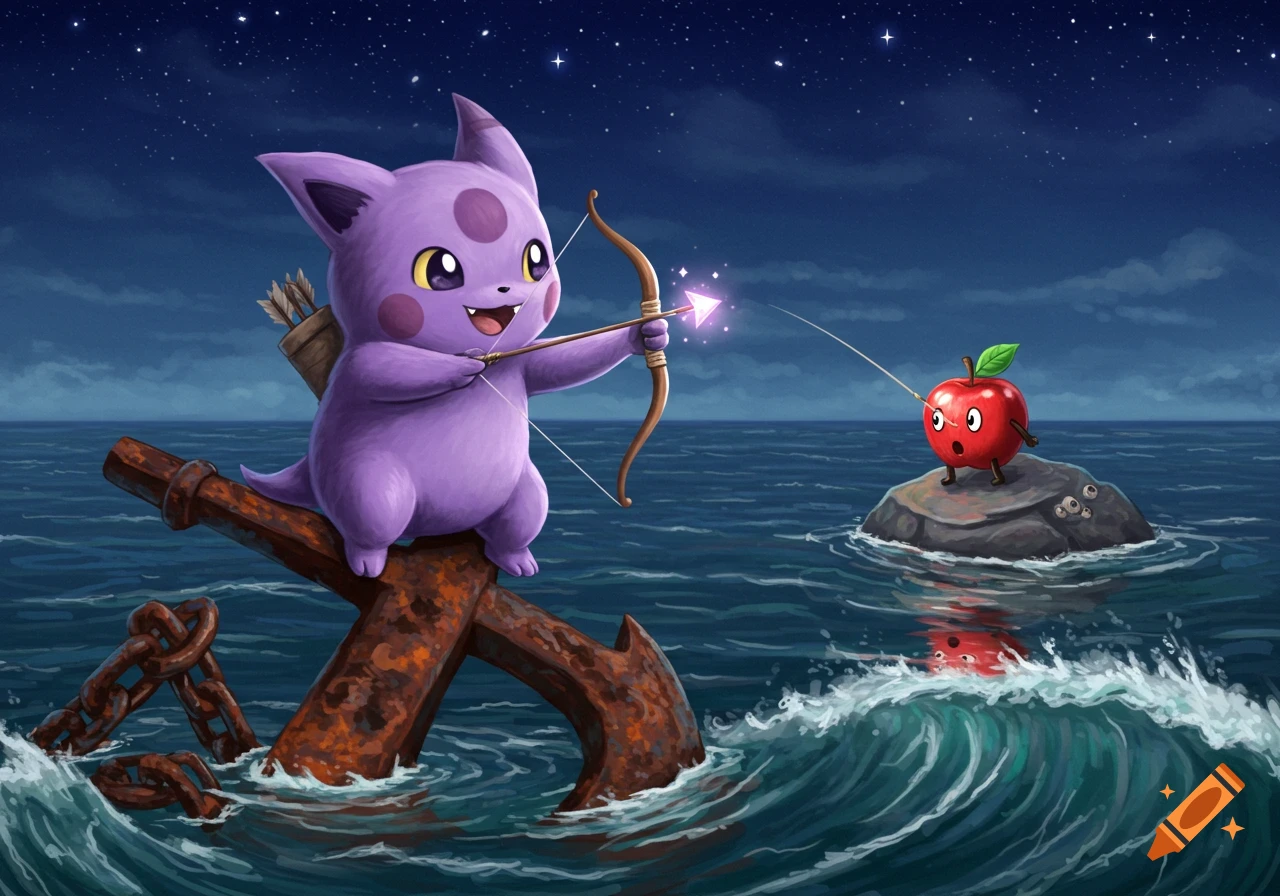 A purple Pokemon monster sits on a rusty anchor, aiming a heart-tipped arrow at a surprised apple on a rock in the ocean at night.