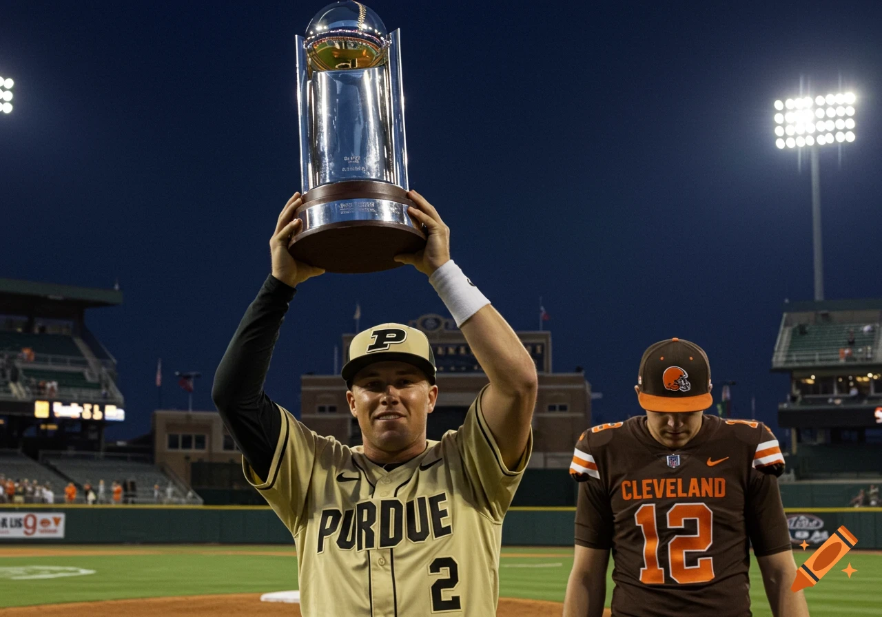 A man in a Purdue baseball uniform holds a championship trophy overhead on a baseball field at night, with another man in a Cleveland Browns jersey in the background.