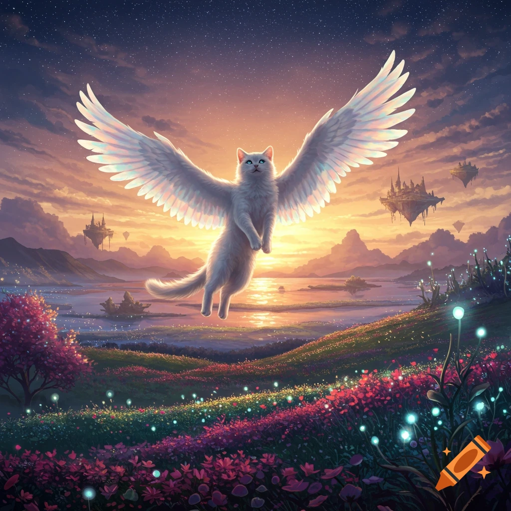 A white winged cat with blue eyes flies over a vibrant fantasy landscape with glowing flowers, floating islands, and a sunset over a lake.