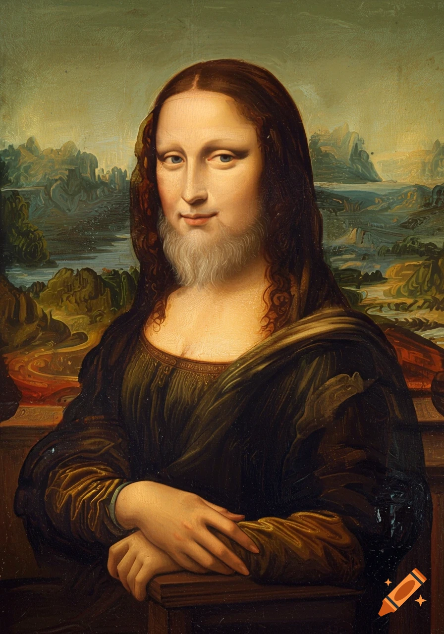 Classical portrait painting of the Mona Lisa with a beard and long brown hair, set against a distant, muted landscape.
