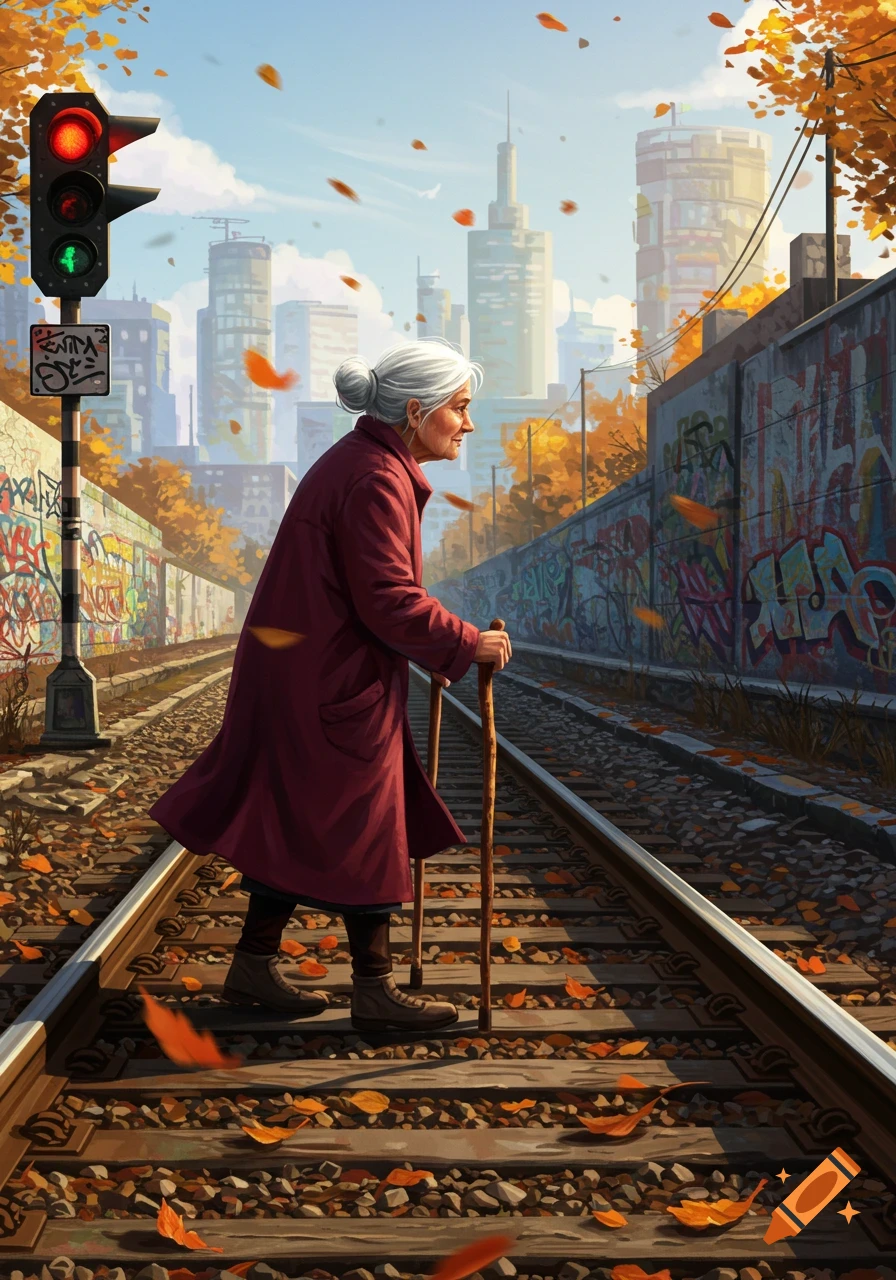Illustration of an elderly woman with walking sticks walking on train tracks, surrounded by autumn leaves, a city skyline, and graffiti-covered walls.