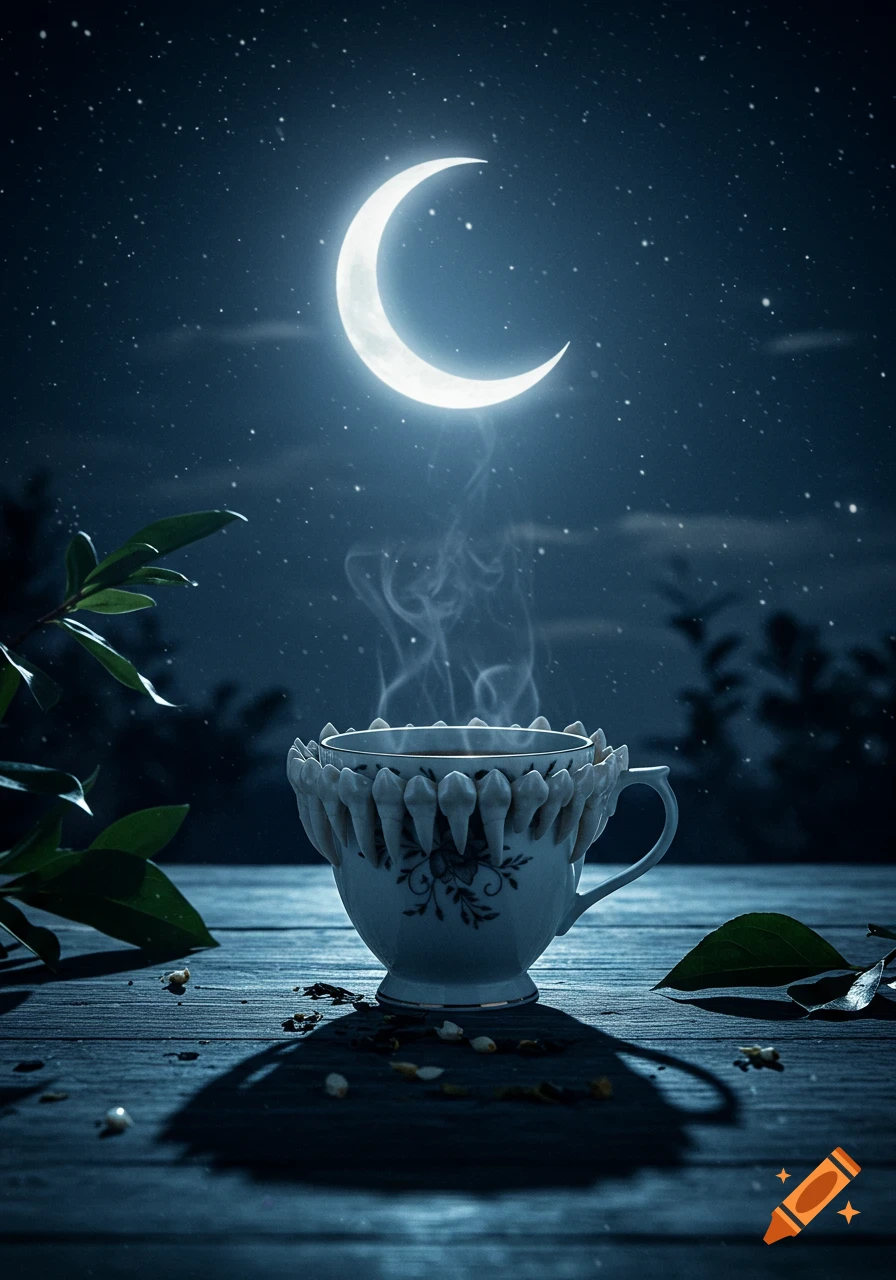 A steaming teacup ringed with human teeth sits on a wooden table under a crescent moon in a surreal night scene.