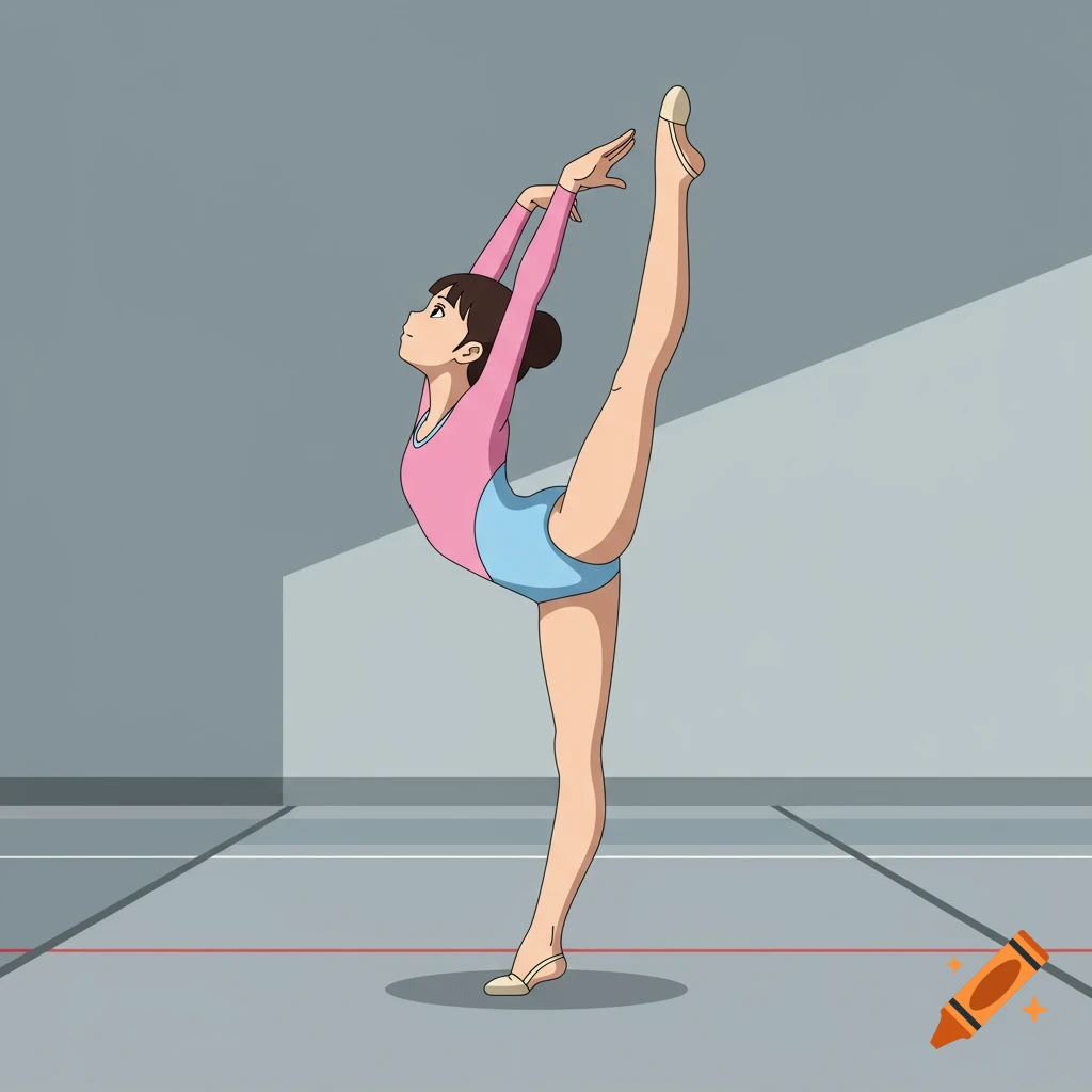 Anime girl in a pink and blue leotard performing a standing split in a gym.