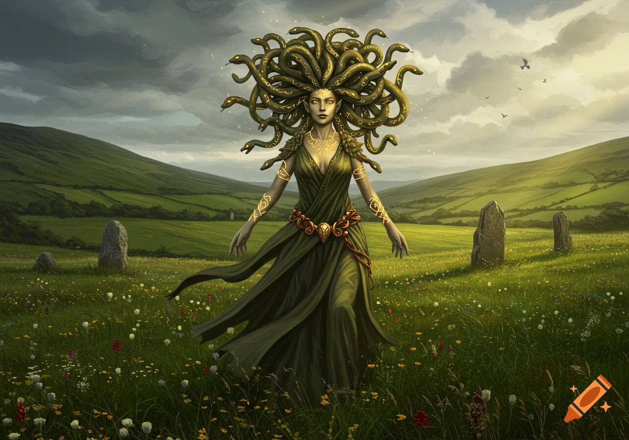 A powerful Medusa-like woman with snakes for hair stands in a vibrant green field with wildflowers and standing stones, under a dramatic sky.