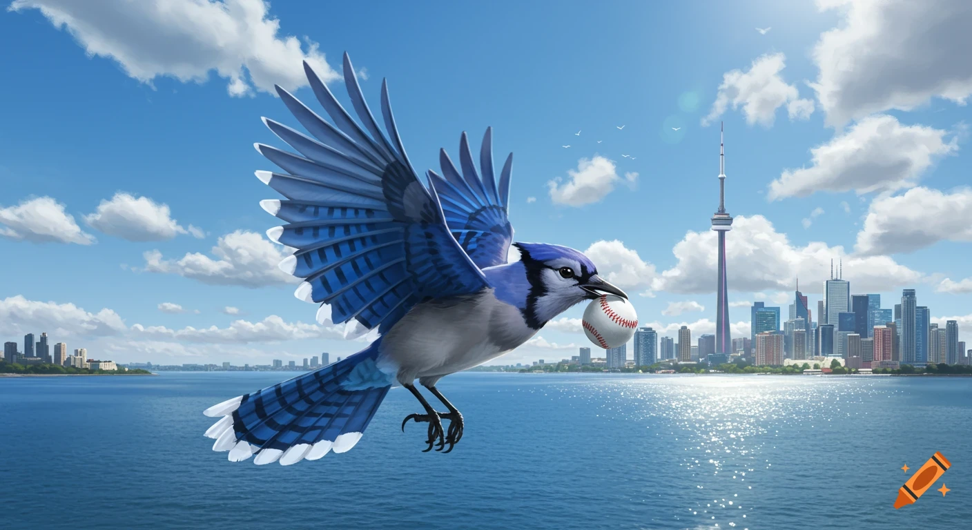 A blue jay flies across a lake, holding a baseball in its beak, with the Toronto skyline and CN Tower in the background.