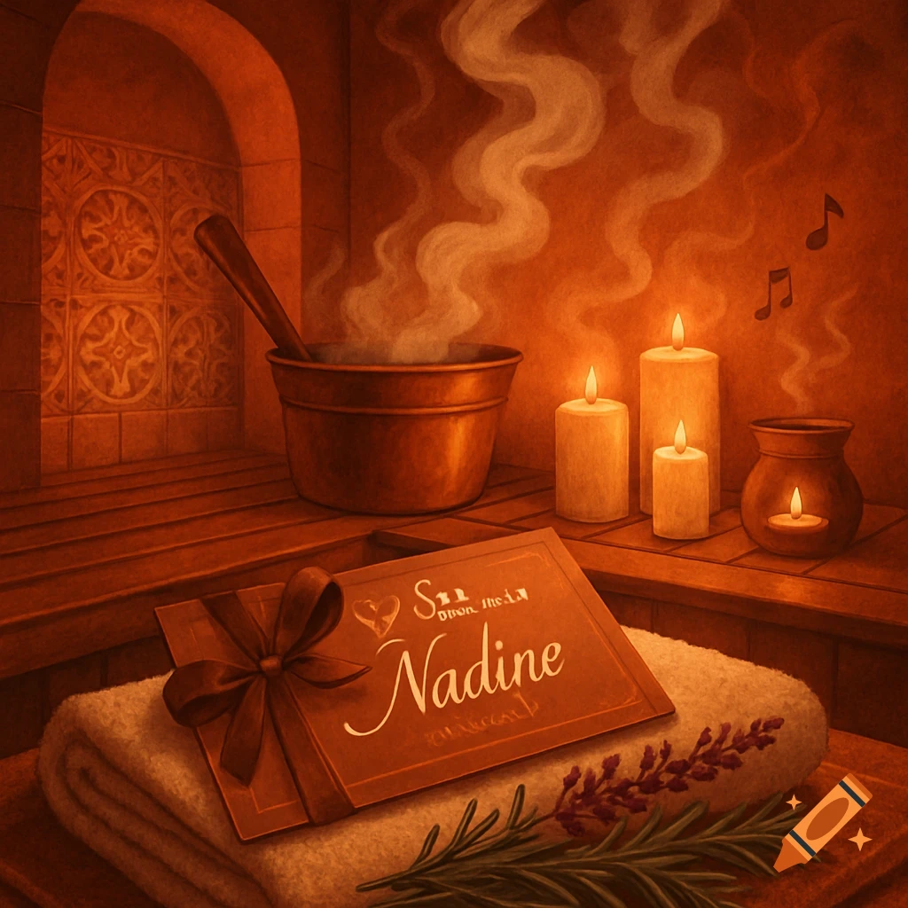 Cozy, painterly illustration of a sauna interior with a steaming bucket, lit candles, a towel, lavender, and a gift card for Nadine.