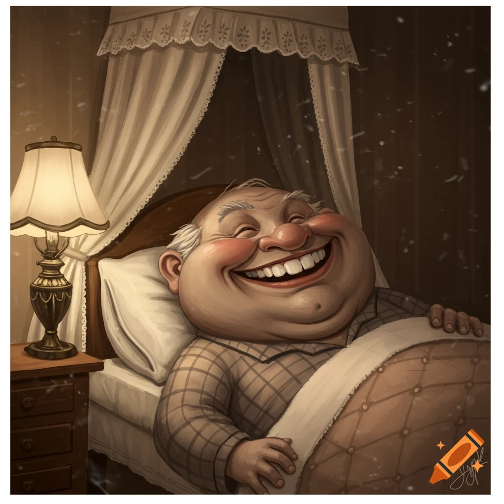 A cartoon illustration of a very fat old man with white hair, smiling widely with closed eyes in a canopy bed.