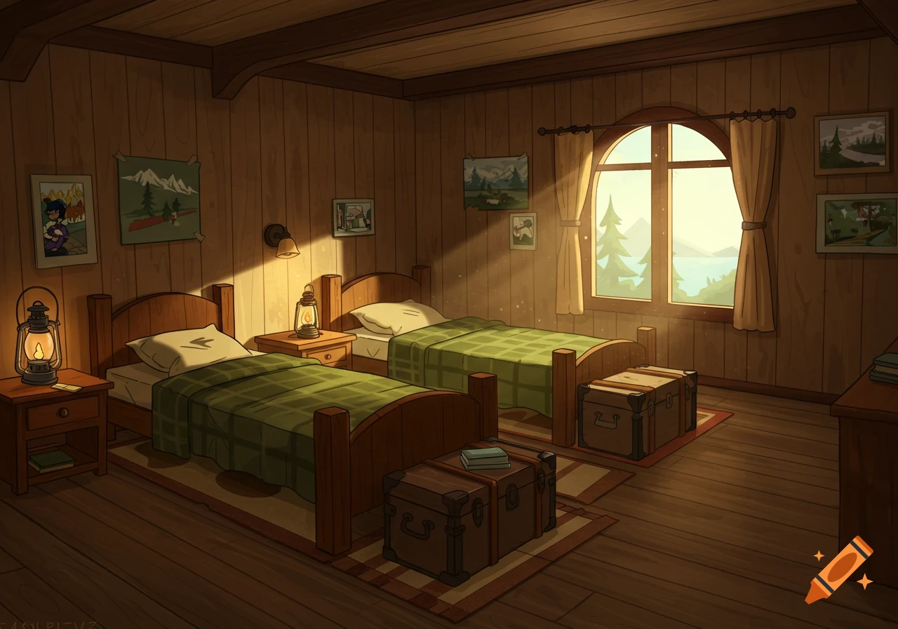 Cozy cartoon bedroom with two beds, wood paneling, lanterns, and a sunlit arched window showing a lake and pine trees.
