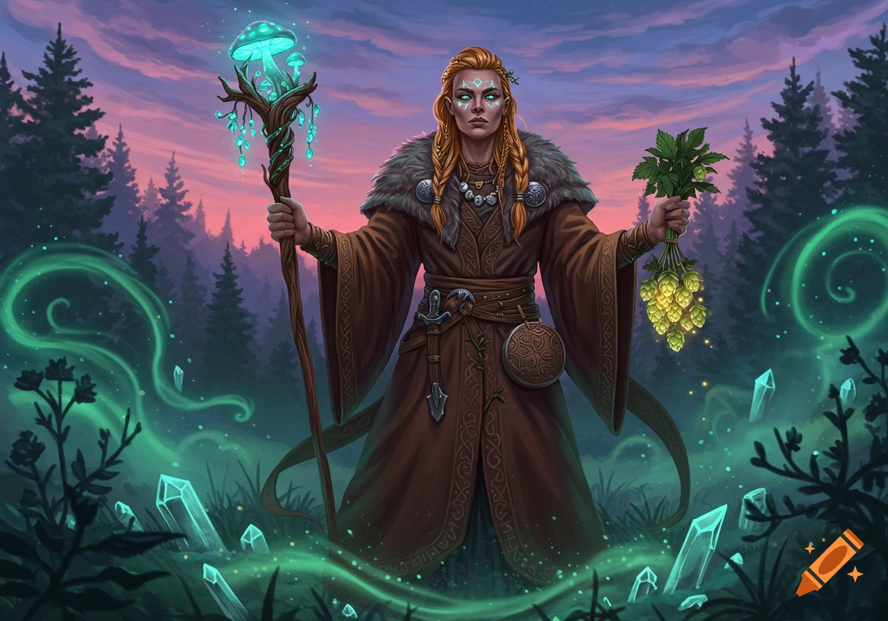 A female shaman with braided hair and face paint holds a glowing mushroom staff and hops in a mystical forest at sunset.