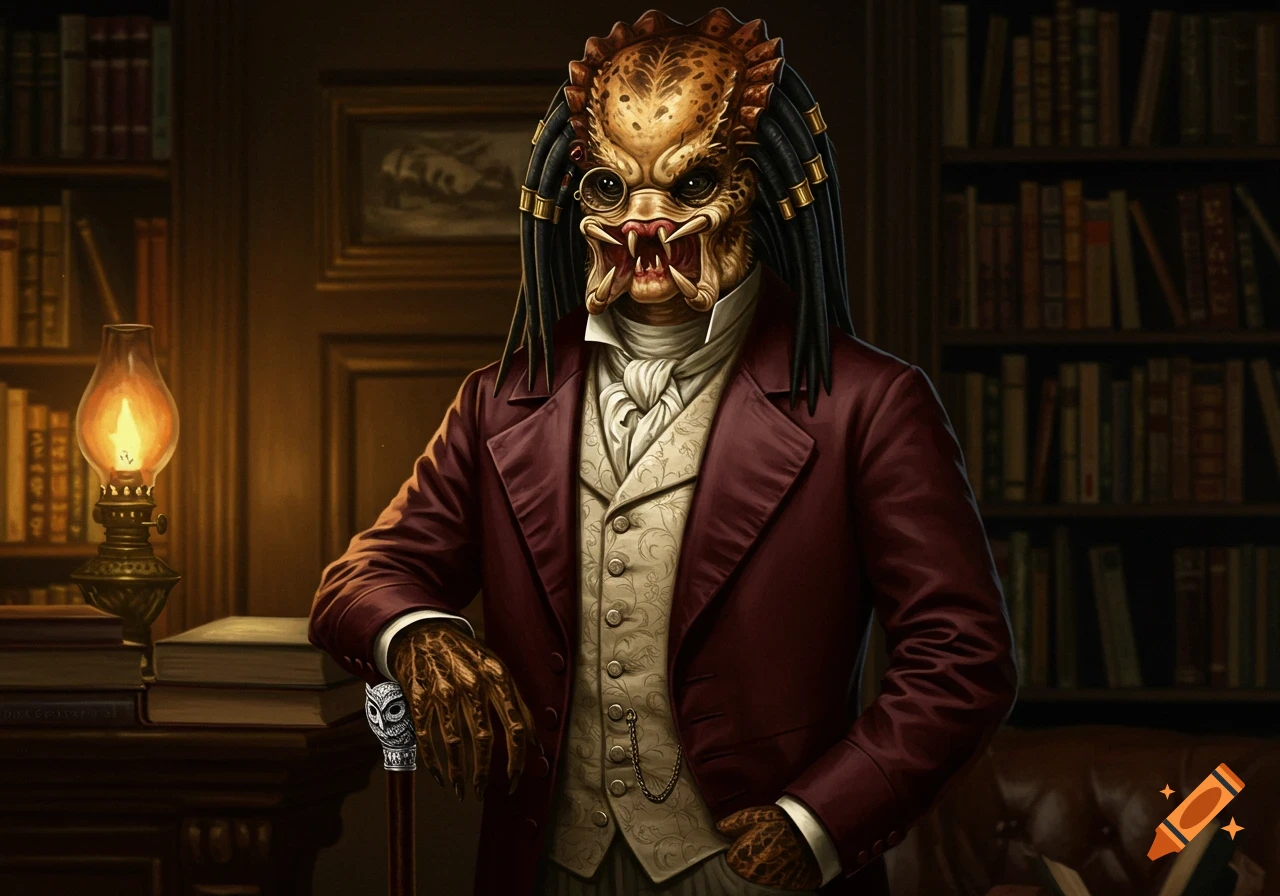 A dapper Predator creature in 1800s attire with a monocle, holding a cane in a dimly lit library, oil painting style.