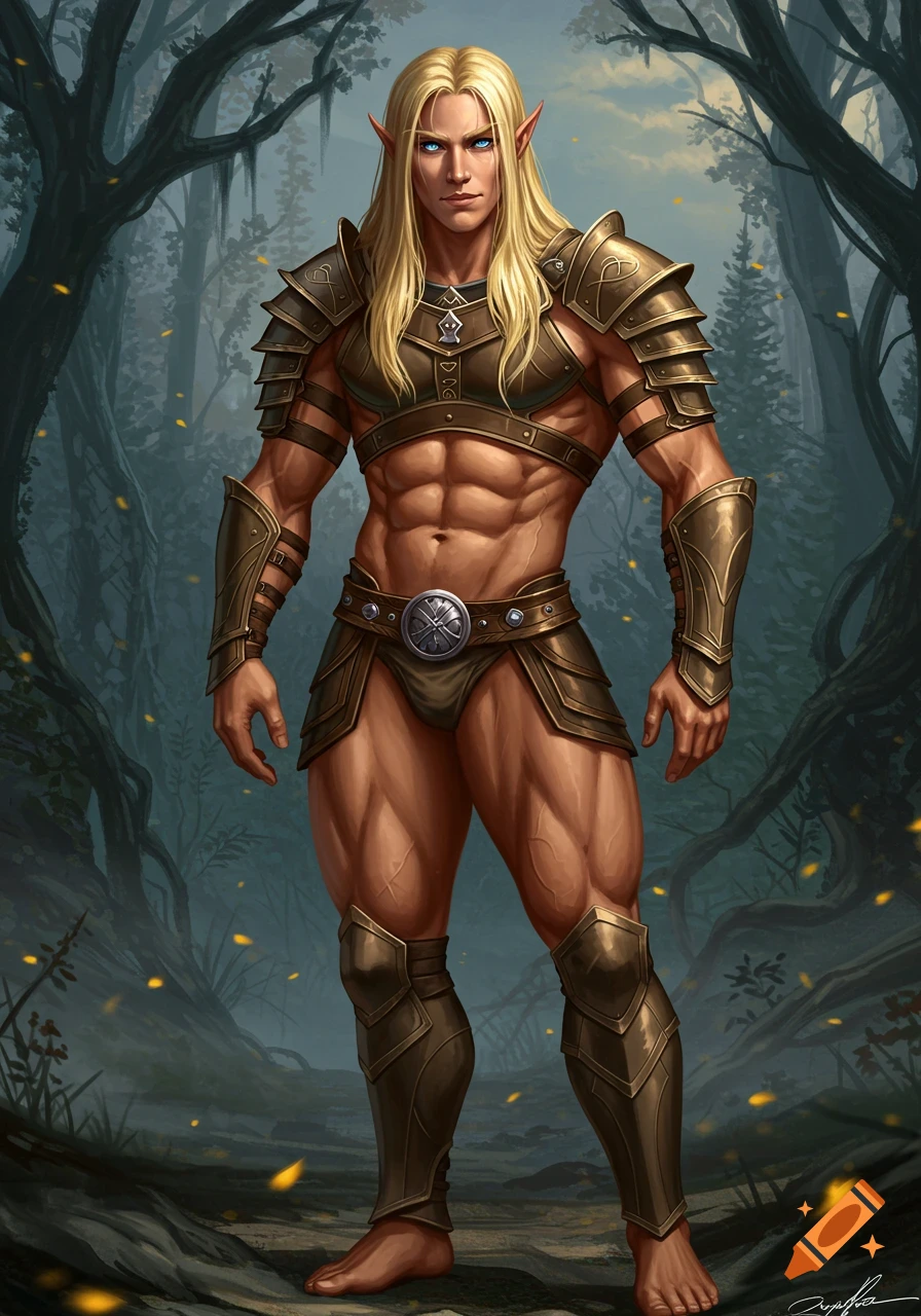 A muscular male elf with long blonde hair and blue eyes stands barefoot in a dark forest, wearing gold leather armor.
