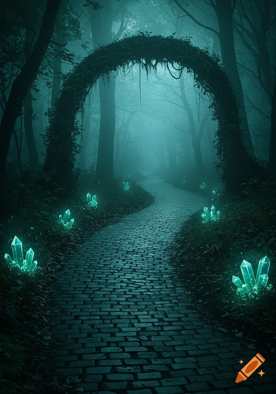 A dark, foggy forest path winding through trees, illuminated by glowing emerald crystals along the brick road, with a large vine archway.